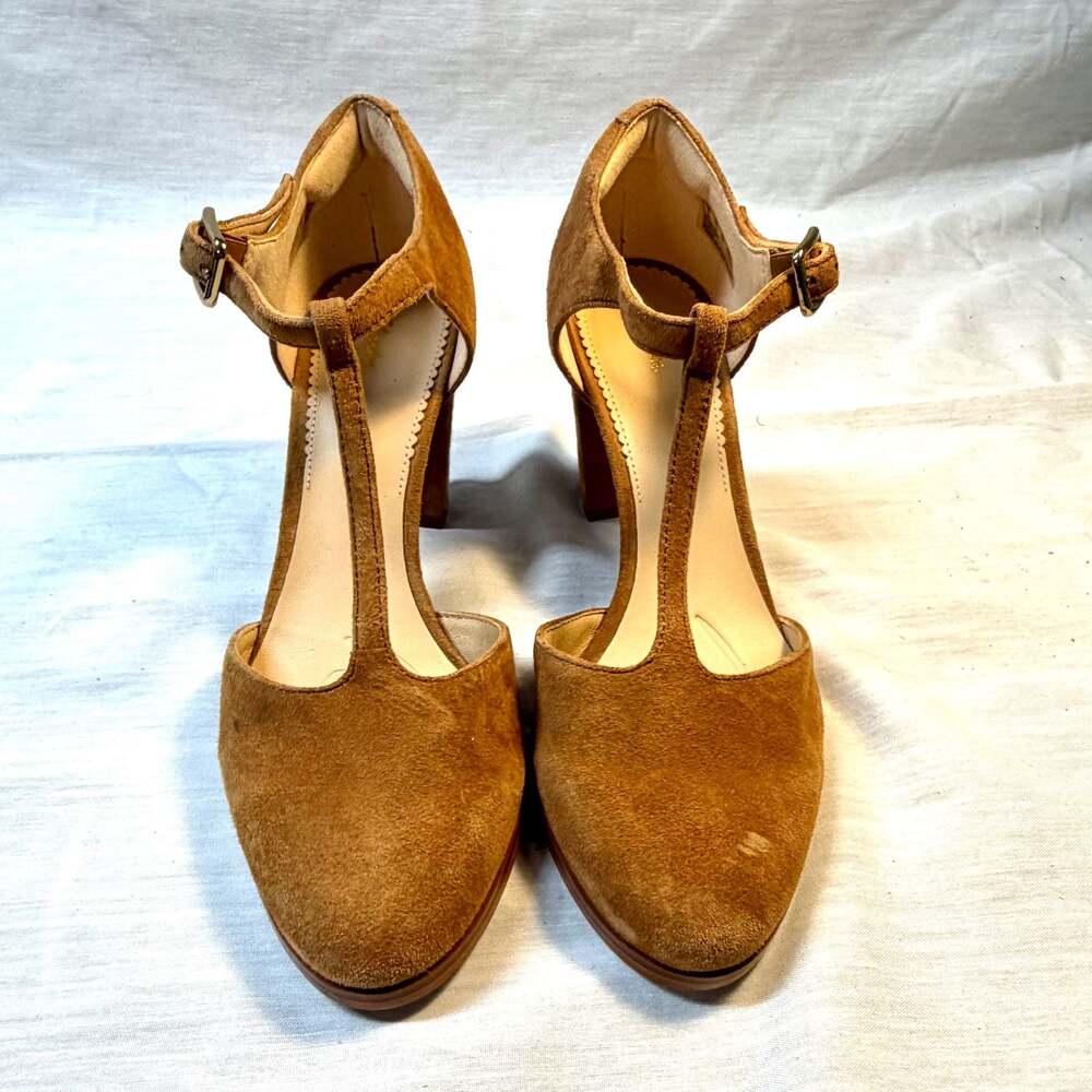 Clarks Kaylin 85 T-Bar Brown Suede Chunky Heel Dress Pumps